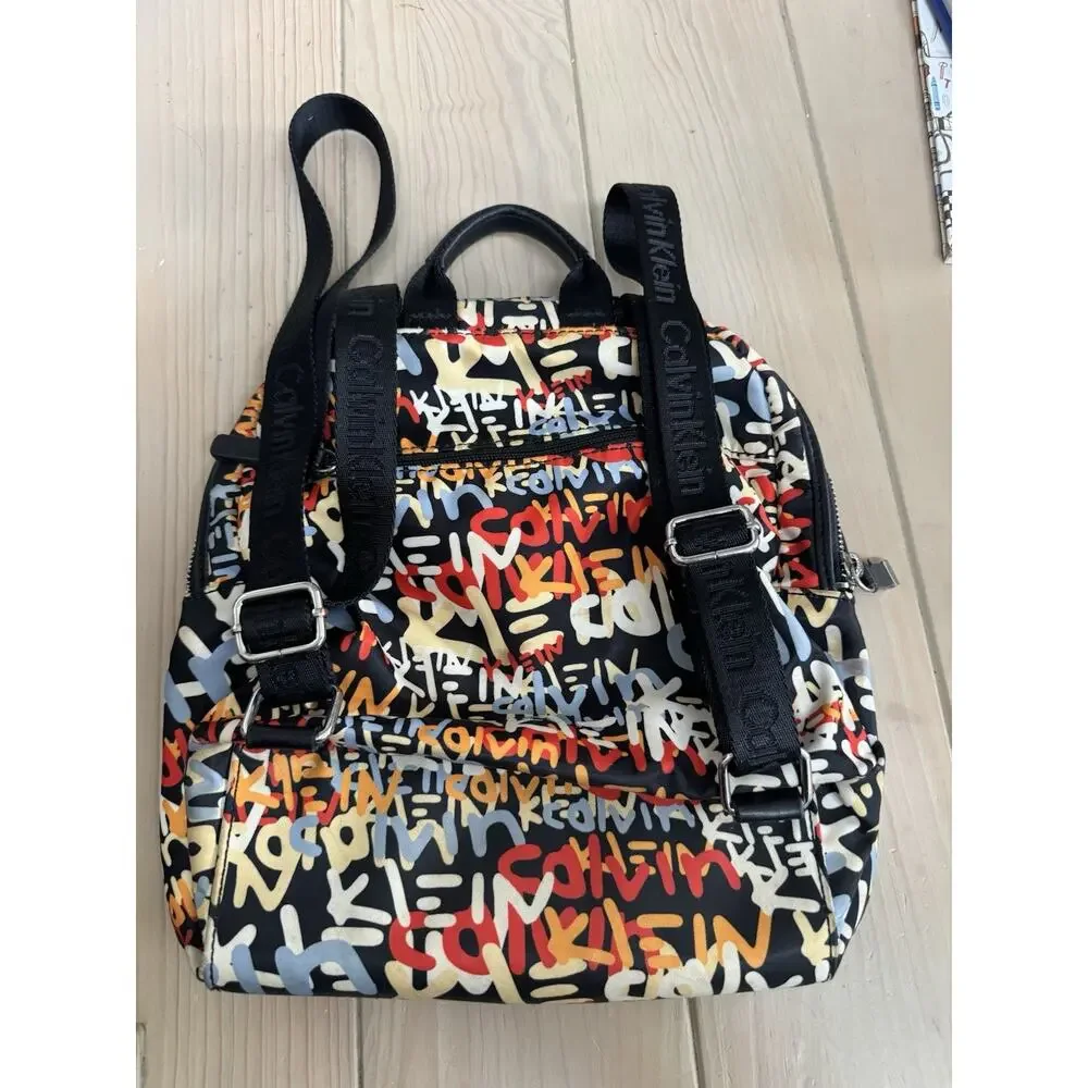 Calvin Klein Graffiti Logo Mini Backpack Purse Black Multicolor Nylon Bag - Picture 5 of 7